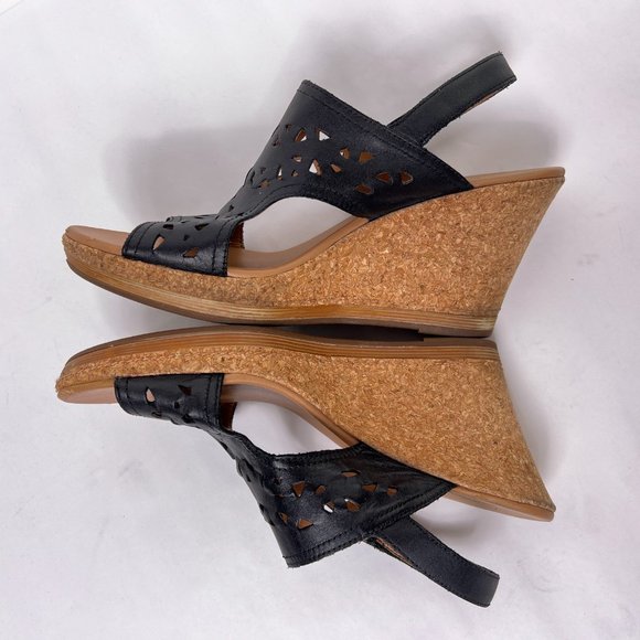 Clarks Black Tooled Leather Slingback Open Toe Cork Wedge Slide Sandals Size 11 - Picture 6 of 9